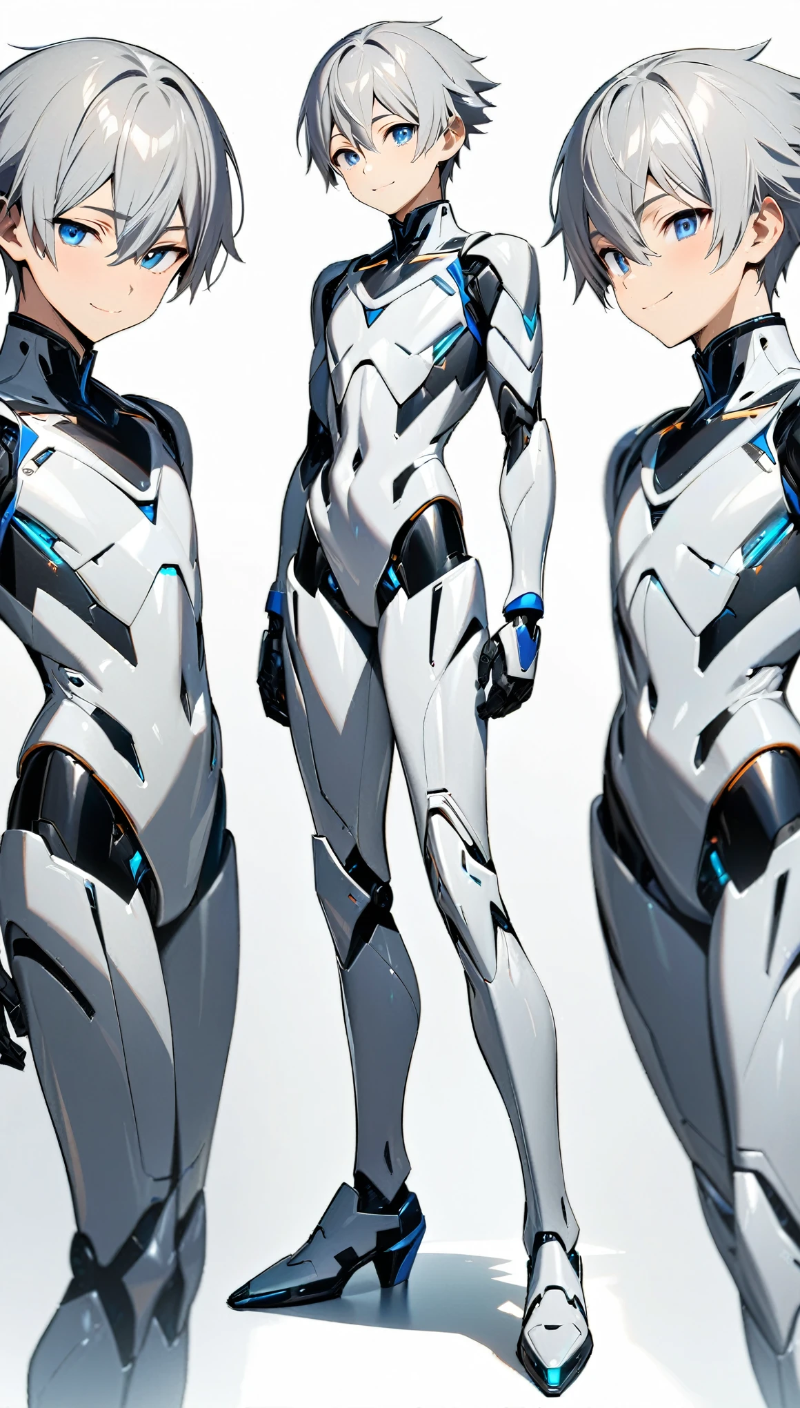 Full body image, anime android robot boy, 1boy, ((shota)), shiny, skintight (((black:1.0))) and ((white:0.5)) sci-fi bodysuit, short black hair, red eyes, neutral expression, (((plain white background:1.0)))