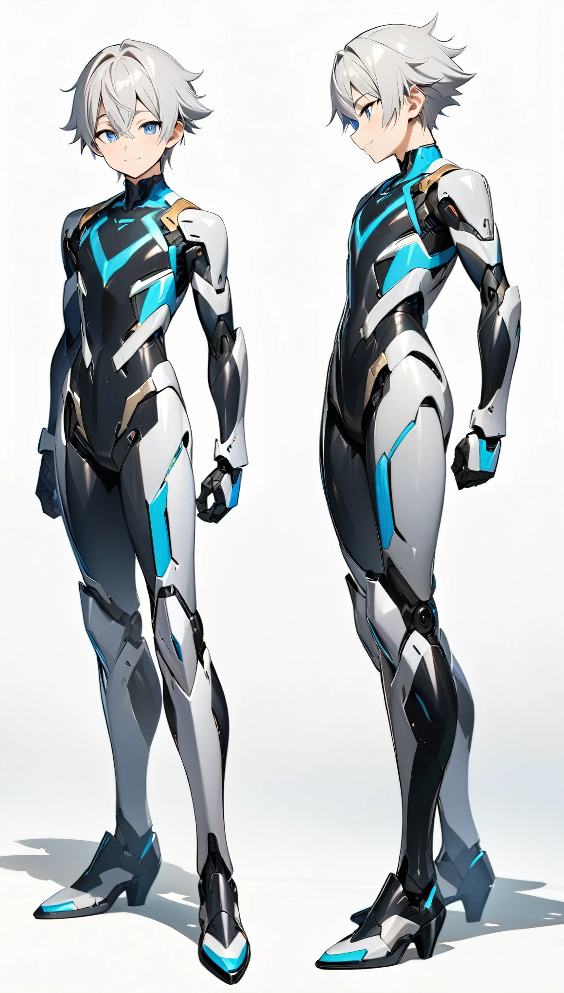 (((masterpiece:1.5))), full body image, anime robot boy, 1boy, ((shota)), shiny, ((white)), smooth, (((sleek))) robot body with accents, heeled feet, silver hair, gentle face, blue eyes, calm, smiling expression, plain white background