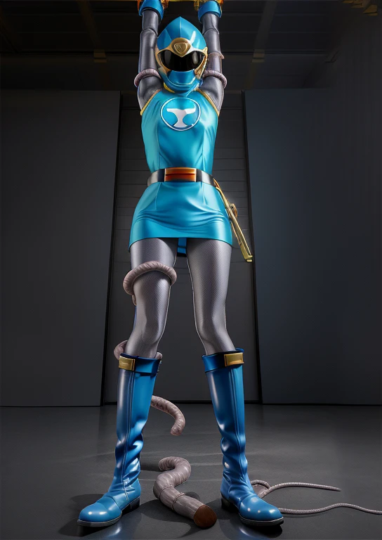 (best quality, masterpiece, RAW photo,ultra-detailed:1.2), 1girl, solo, looking at viewer, ((Hurricane Blue outfit, belt, gloves, helmet, blue spandex vest, sunglasses, blue boots, blue skirt, gray leggings, white gloves)), large massive breasts, (((spread legs:1.1))), ((tentacles:1)), tentacle on crotch, nsfw, raised arms, tentacles wrap around body, dark room, eerie light, close up, industrial background, upper half body, creampie, wet