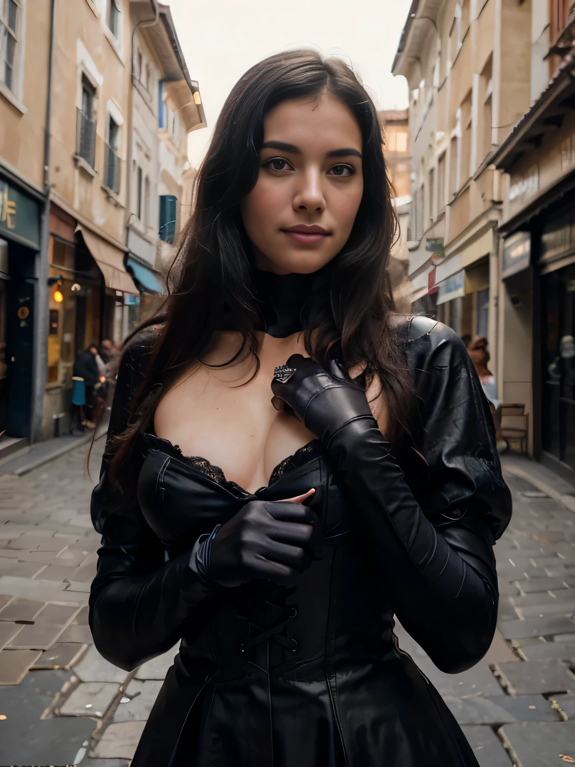 (detailed), perfect face, realistic photo of beautiful smiling Bettie Page,25 Years old, blue eyes, piercing eyes, long hair, black hair, wearing detailed necklace, Polish, influencer, light freckles, big lips, wearing detailed diamond bracelet, wearing detailed branded watch, wearing detailed diamond ring, Instagram, sharp photo, perfect body, model looking, realistic photo of a woman, golden, blond hair color, perfect detailed hands, perfect detailed fingers, ((best quality)), ((masterpiece)) (smile:1.2) light blue eyes, incredible blue eyes, detailed, photographer_\( ultra\), Enveloped in the dense, swirling fog of Bologna , navigates the cobblestone streets with an air of mystery and determination. Her blond hair is styled in an elegant updo typical of the era, and her sky-blue eyes pierce through the mist with keen observation. Dressed in a period-appropriate gown with intricate lace detailing and a fitted corset, he wears a magnificent large black cloth cloak ,she holds the allure and grace of a bygone epoch. ((Her hands, black gloves in fine leather)), clutch a vintage, ornate umbrella, a necessary accessory for Bologna's weather. she want to make love, This setting captures a moment of intrigue and romance, as iamsophia emerges from the fog, her presence a captivating blend of history and mystery, navigating the shadowy lanes of the old city,