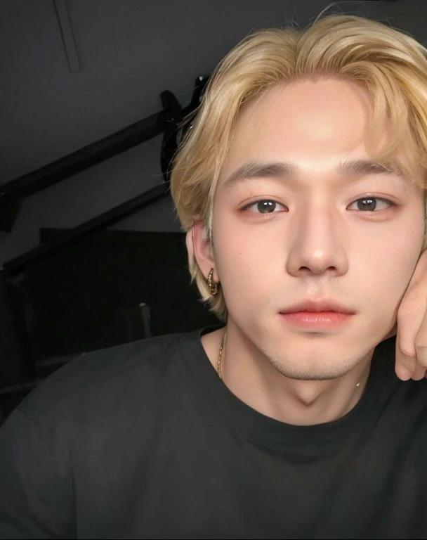 blond haired man with a black shirt and gold earrings posing for a picture, jimin\'s right eyelid swollen, wan adorable korean face, cai xukun, his eyes are red and glowing, his eyes glowing yellow, he has a glow coming from him, perfect face and boy, xqc, taken in the early 2020s, hyung tae