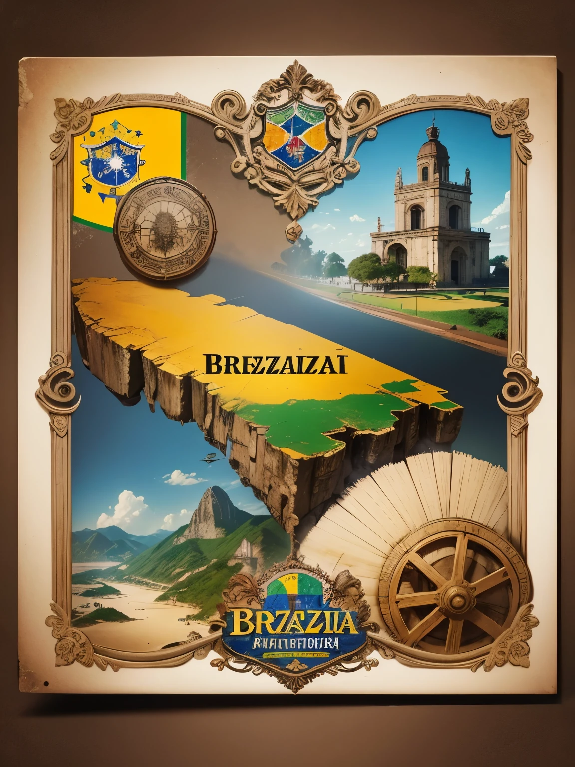 A capa para o caderno "History of Brazil" presents a map of the country with symbols of each state and colors of the Brazilian flag. Historical elements such as cannons and scrolls are also present. The title "History of Brazil" se destaca no topo da capa. Tudo isso cria uma imagem atrativa e informativa sobre o tema do caderno.