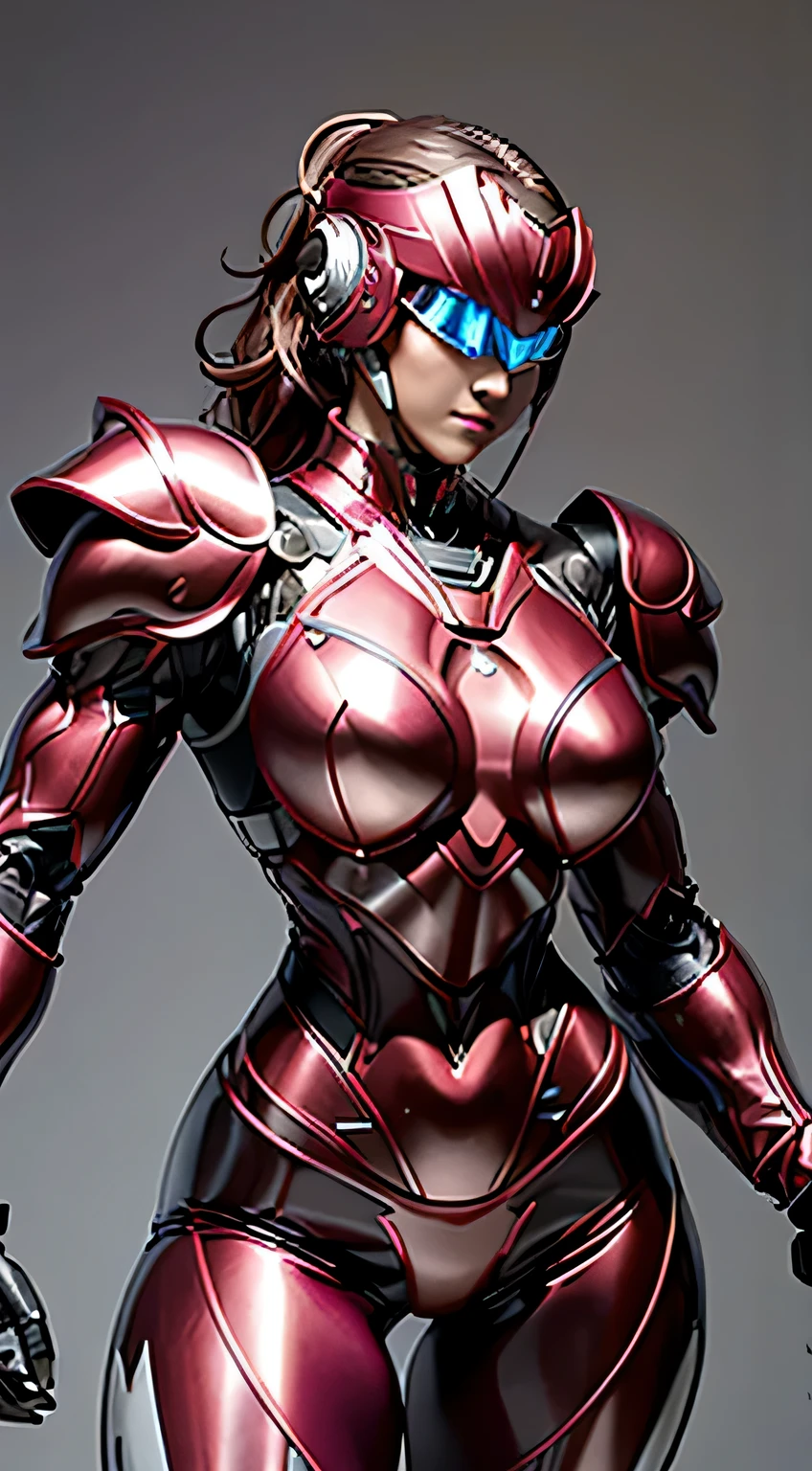 female robocop solo、bright outdoors、strong light source、8K, high quality, masterpiece, 最high quality、very detailed、Armor that completely covers the whole body、very large armor、Helmet covering the head、clear pictures、Eyes hidden by thin straight goggles:1.3、The lower half of the face is raw:1.5、The lower half of the face is exposed、luscious lips、Wine red and white metallic armor、Armor that completely covers the chest、thin and long legs、Vibrant posel body view,big and full breasts:1.5, (sports body:1.5)、five fingers、photos around town