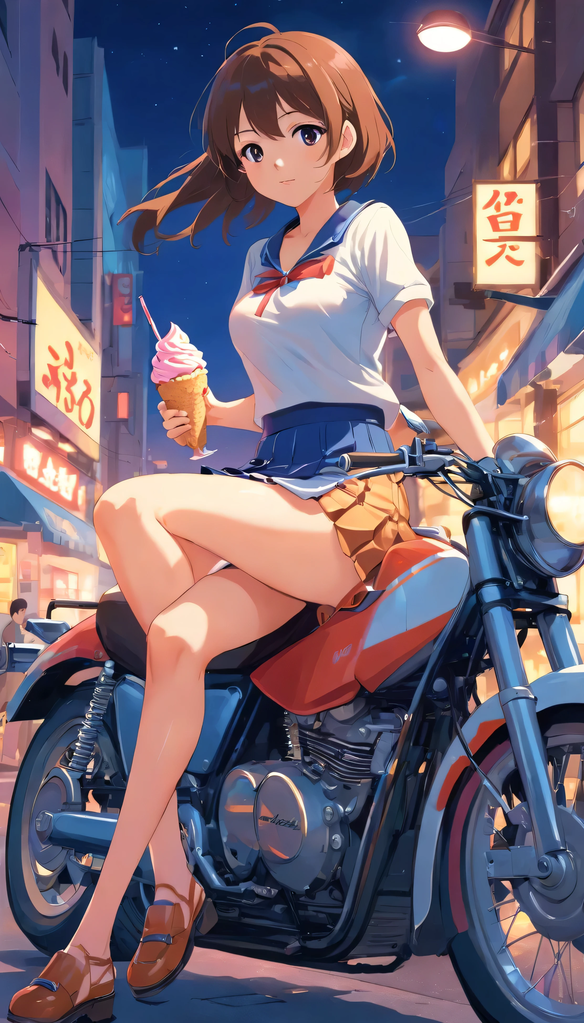 Marin kitagawa sitting on a motorcycle eating ice cream and wearing short skirt in the night with big tits