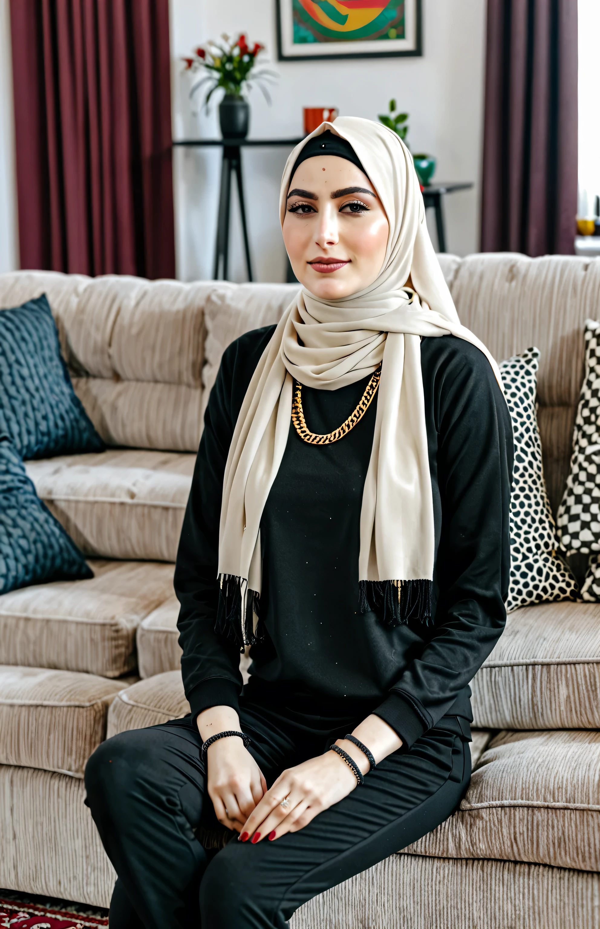 Pale skin Kurdish girl in straight black hijab sitting at sofa in room sweatshirt tight  pant necklace 