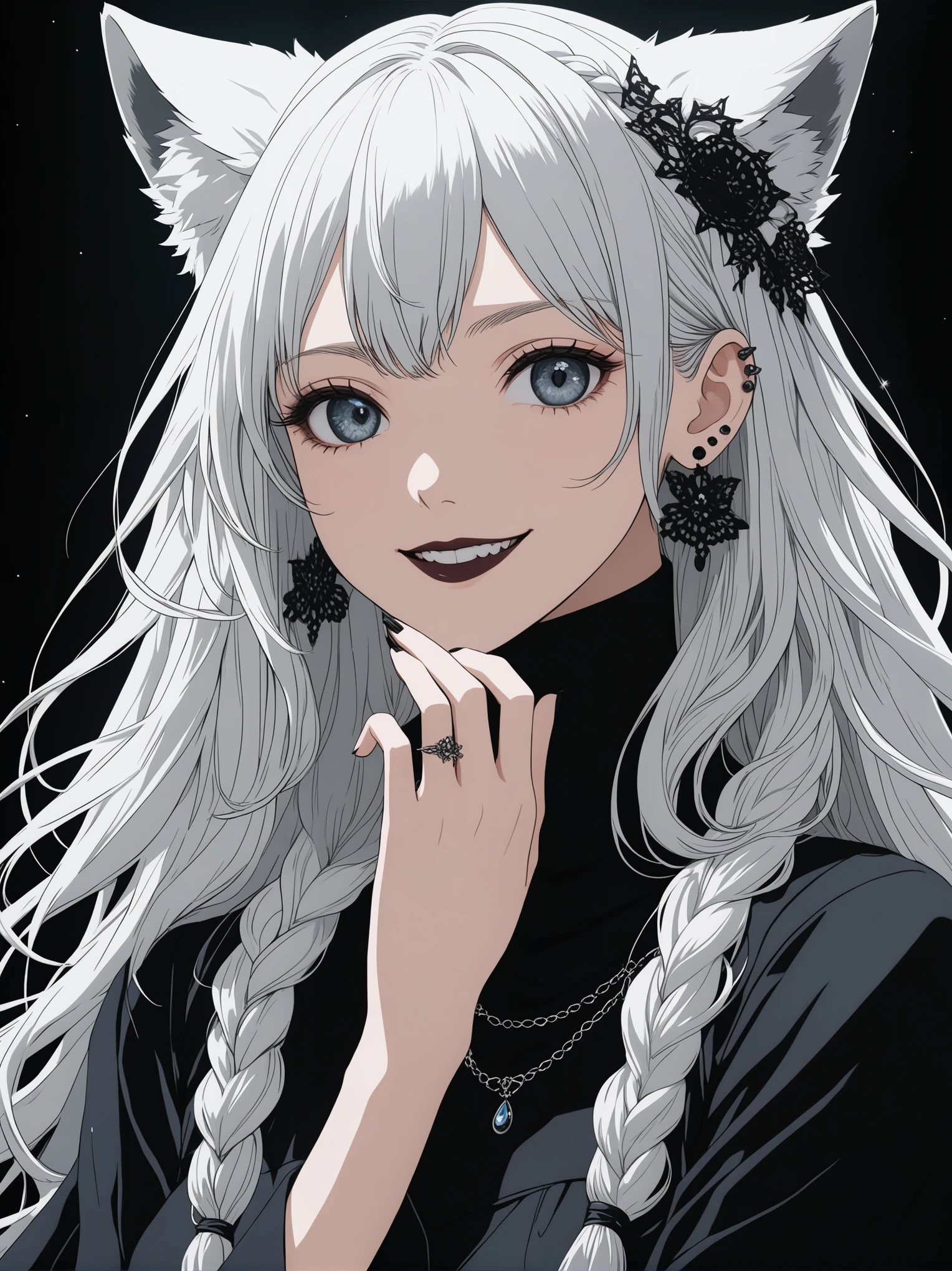 studio ghibli anime ,screencap , masterpiece, best quality, highly detailed, shading,(fullbody shot:3.0), Goth woman, perfect face, beautiful eyes, perfect eyes, thick eye lashes, beautiful face, dark makeup, dark lipstick, wearing, happy, pale skin, smiling, perfect white teeth, long curly white hair, side braid, wolf ears, medium breasts, ear piercings, curvy, wide hips, beautiful turtleneck dress, covered, thigh high lace stockings, long skirt, black boots, tattoos, hair accessories, deep black background, thick white outline surrounding just the character, POV from the ground up, character looking down at the viewer, touching her own lips with her right hand