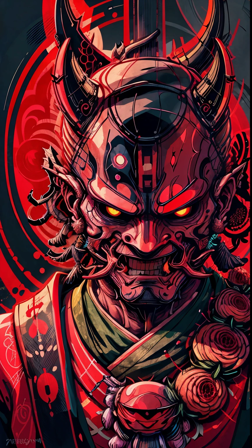 Portrait mask, illustrator, masterpiece, high quality, 8k, high resolution, high detail, japan, (Prawaka: 1.2), horror, evil, smile, front, close-up, looking at the viewer, dark shadow. Neon red