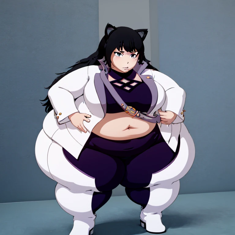 1girl, top heavy figure, (((incredibly big chest))), ((saggy chest)), plump, incredibly plump, ((big belly)), (((big tits))), wide, (((obese))), (((fat))), ((love handles)), double chin, out of shape, obese, fatty, shortstack, short woman, big bossom, ((milf)), small height, mature, standing, full body, bbw, ssbbw, blake belladonna, gold eyes, black hair, cat ears, long hair, white open jacket, black pants, thigh boots,
