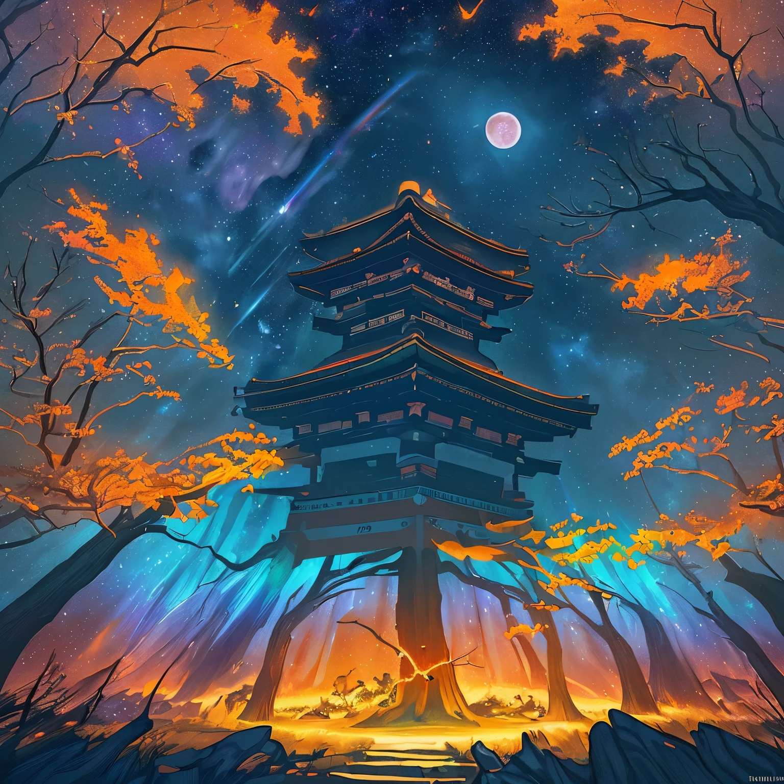 vast landscape photography, (((without people)), ((summer night)), (A view from below of the sky and the wilderness below), Japan Forest, shrine, Bird ready, (full moon: 1.2), (shooting star: 0.9), (nebula: 1.3), distant mountain々, tree break production art, (warm light source: 1.2), (fire Fly: 1.2), lamp, purple and orange, intricate details, volume lighting, Realism BREAK (masterpiece: 1.2), (highest quality), 4k, Super detailed, (dynamic composition: 1.4), Highly detailed and colorful details, (rainbow colors: 1.2), (shining lighting, atmosphere lighting), dream-like, Magic, (alone: 1.2)