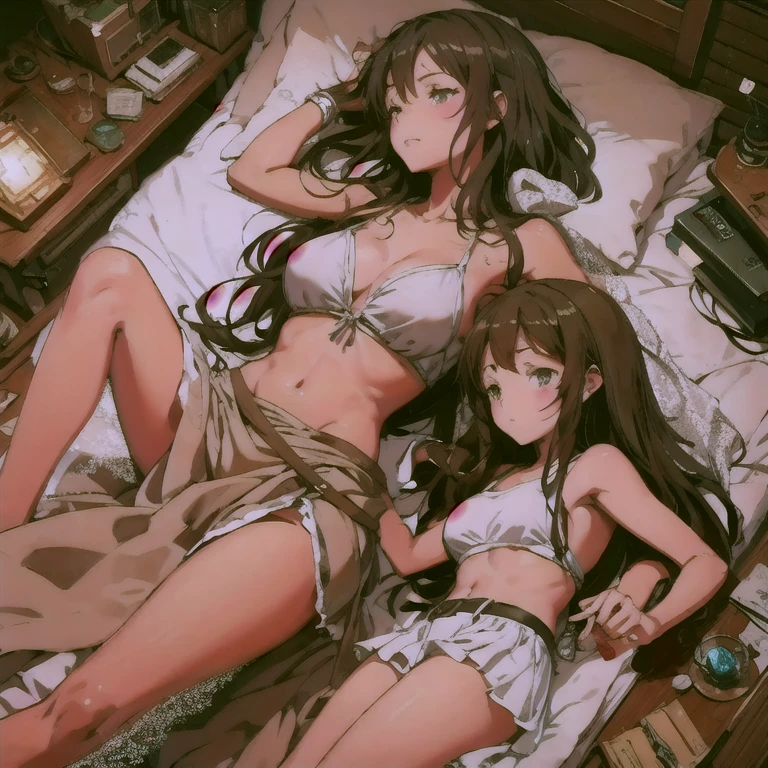 Healthy Dark tanned skinned anime girls laying on a bed with their backs to each other, girls resting, kantai collection style, two beautiful anime girls, anime girls, kawacy, artwork in the style of guweiz, guweiz, seductive anime girl, wlop and sakimichan, makoto shinkai and artgerm, top rated on pixiv