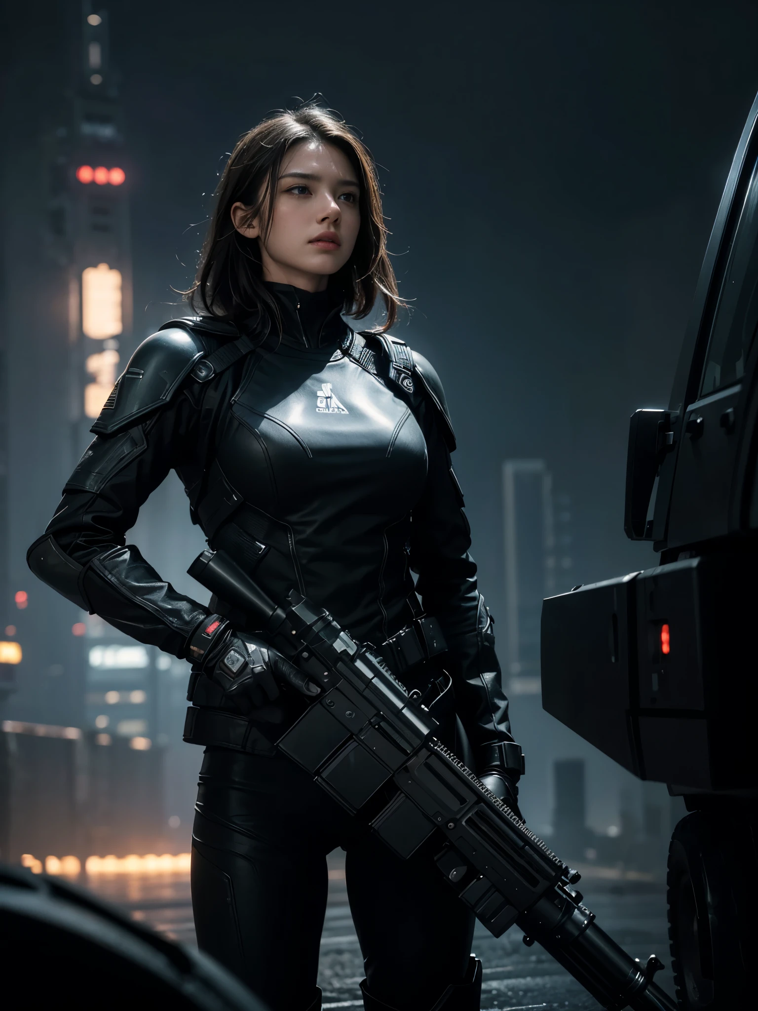 (best quality,8k,highres,masterpiece:1.2),ultra-realistic,photorealistic,beautiful detail texture of skin,tall female soldier wearing a black powered suit,looking up,night,rain,aiming with a massive laser rifle,dynamic pose,dramatic composition like a movie scene,chaotic cityscape background,under attack