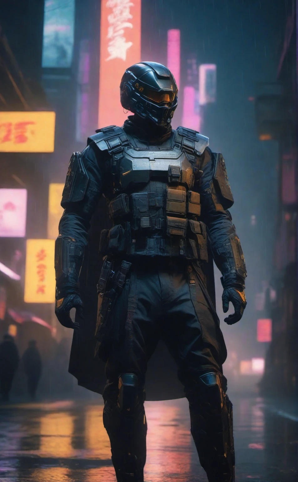 cinematic photo a man with a helmet with a tactical armour, Tactical vest with ammo pouches, A black cape behind him flowing in the wind, Utility belt, side view, full body,cyberpunk background . 35mm photograph, film, bokeh, professional, 4k, highly detailed high-res, masterpiece, best quality