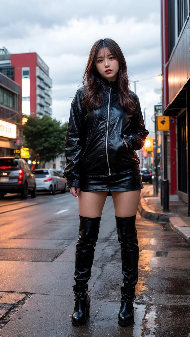 Ulchan-6500-v1.1, (Raw photo:1.2), (Photoreal), (genuine:1.4), 1 Japanese girl, Warframe, complex pattern, Heavy Metal, Energy Line, faceless, shining eyes, elegant, intense, blood red and black uniform, alone, modern, city, street, dark clouds, thunderstorm, heavy rain,, dramatic lighting,, (masterpiece:1.2), highest quality, High resolution, beautiful, very detailed, perfect lighting, full body shot:1.15,