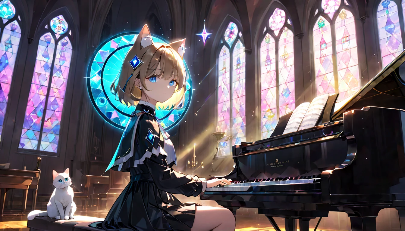 (masterpiece, best quality, very aesthetic, absurdres,general) ,
1girl, solo,、music room、Girl playing classical piano、Cat ear、clear eyes,artificial intelligence,Glowing triangular magic circle,church, stained glass