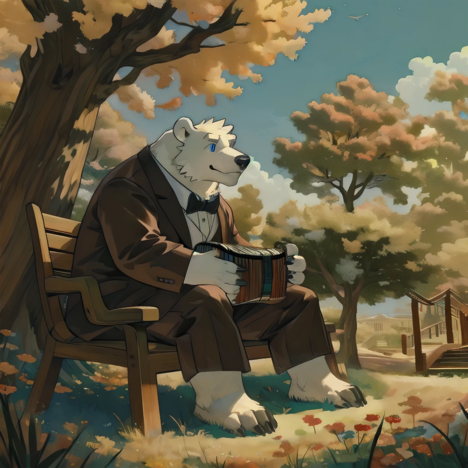 (best quality, highres, masterpiece:1.2), ultra-detailed, realistic:1.37, Extreme detail, white bear-man sitting on a park bench(((polar bear))), Soft smile, tall, muscular, handsome, gentle, Sky blue eyes, White paws and claws, detailed, daytime, isolated, illustrated style, White big furry claws, black long coat, black bowtie, playing accordion alone, carrying a beautifully carved pen, vibrant park scene with wooden benches, rustling leaves in the wind, springtime flowers and grass, playful bouncing rabbits, and birds singing in the trees.Bright colors, vivid blue sky, soft lighting, fantastic scenery, surreal rendering.