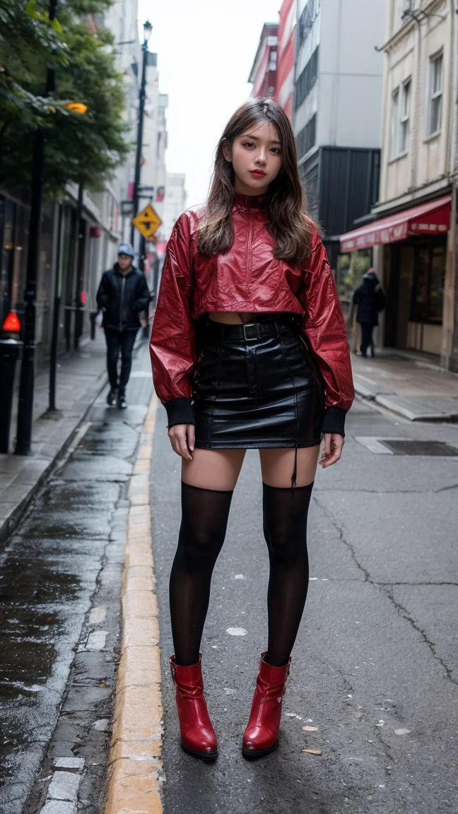 19 year old girl medium long black hair with mini skirt pantyhose, short stockings and red jacket