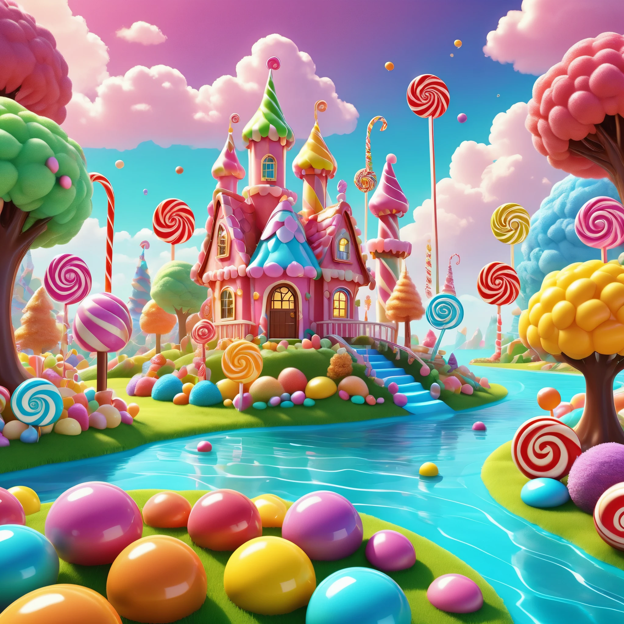 candyland。Candy Castle。Fantasy Candy Castle。Colorful。rich colors。C4D，rendering。CORDERAIO illustration of Candy Land, in a cartoon style, fantasy landscape with colorful lollipops and chocolate bars, trees shaped like characters, a small house made from candies on an island surrounded by water, a blue sky with white clouds, bright colors, high resolution, high quality, high detail, digital art, fantasy, magical.