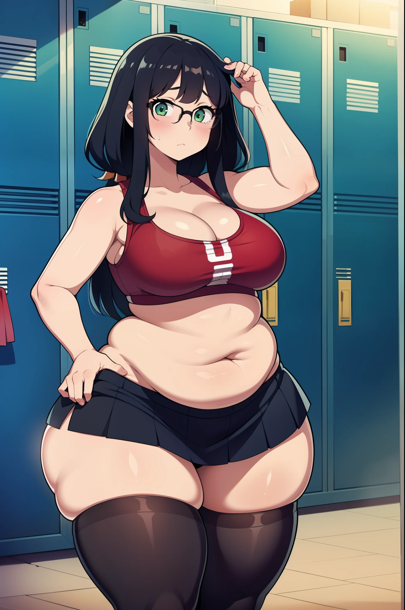((Masterpiece)), perfect anatomy, perfect shading, field of depth, (best quality), extremely delicate and beautiful, perfect lighting, detailed face, ultra cute face, cute, ((1girl)), ((solo))
long fluffy black hair, glasses, green eyes, ((blush)), nervous, looking at viewer, cheerleader, crop top, plaited skirt, cleavage, medium breasts, ((thick thighs)), (wide hips), ((plump)),
intricate background, detailed background, locker room,