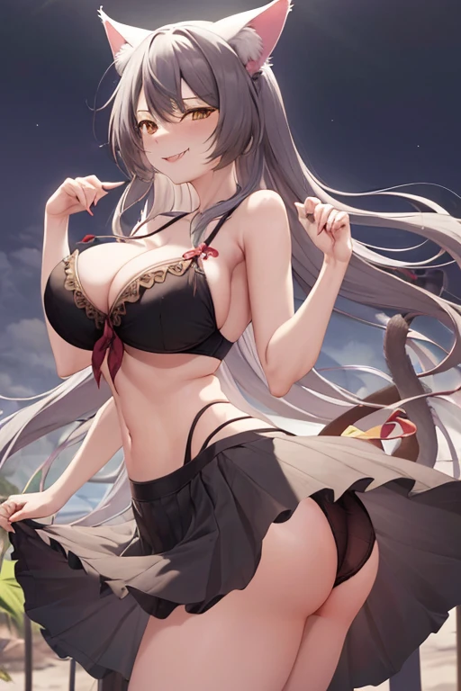 masterpiece, best quality, beautiful art, high resolution, well formed hands, body and fingers, 1 woman, solo, Black Hanekawa, adult, grown up,  big breasted, cleavage, full body, sexy sailor , short black skirt, black bra exposed, black underwear peeking, cat ears and cat tail, gorgeous hips, legs and thighs , dancing seductively and erotically, turning backwards and forwards , showing her back and front, showing her butt, skirt lifted, smiling joyfully and teasingly, looking at the viewer, flirting, camping environment , biting her lips 