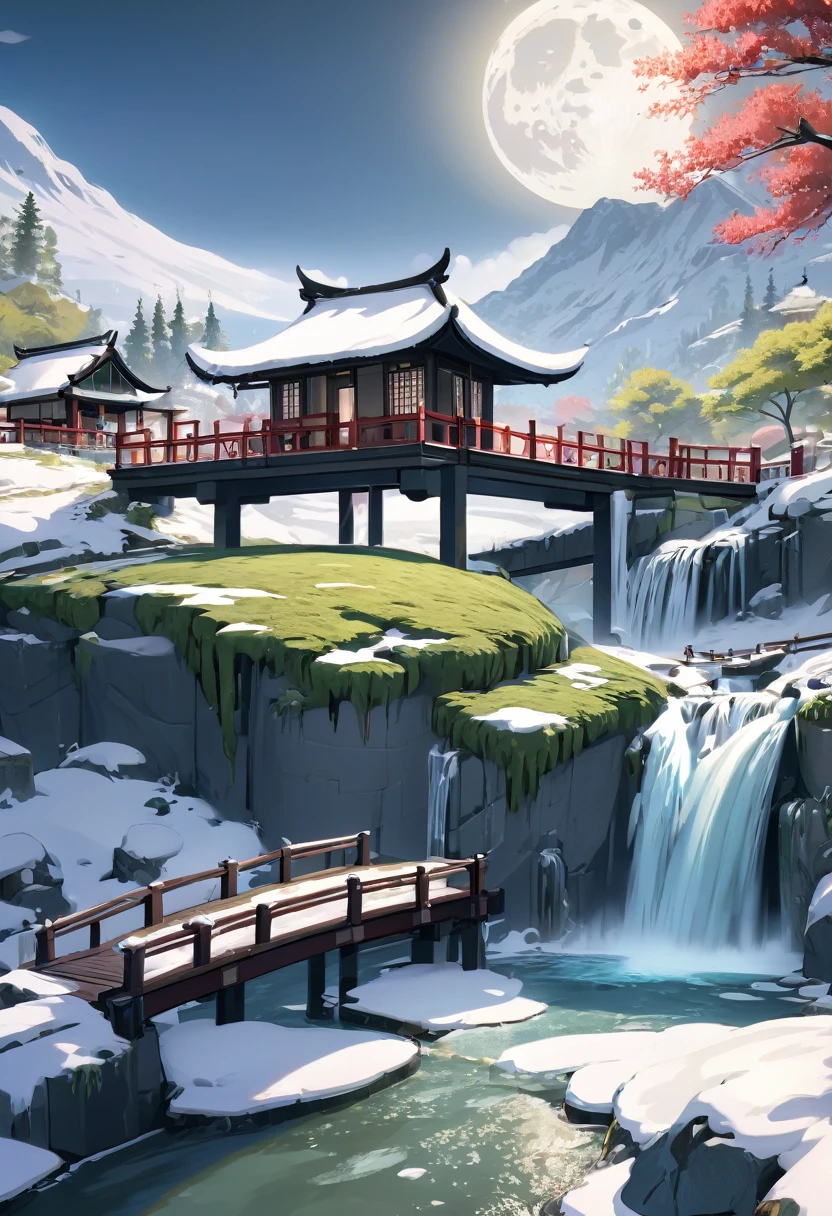 xinguofeng,Illustration,scenery\((no humans,snow,mountain,water,tree,waterfall,grassland,sky,landscape,bridge,(full moon,east asian architecture,winter,lotus,forest,lake,outdoors,waterfall):1.5\), masterpiece,best quality,unreal engine 5 rendering,movie light,movie lens,movie special effects,detailed details,HDR,UHD,8K,CG wallpaper