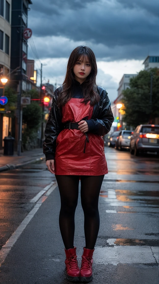 Ulchan-6500-v1.1, (Raw photo:1.2), (Photoreal), (genuine:1.4), 1 Japanese girl, Warframe, complex pattern, Heavy Metal, Energy Line, faceless, shining eyes, elegant, intense, blood red and black uniform, alone, modern, city, street, dark clouds, thunderstorm, heavy rain,, dramatic lighting,, (masterpiece:1.2), highest quality, High resolution, beautiful, very detailed, perfect lighting, (full body shot:1.15),