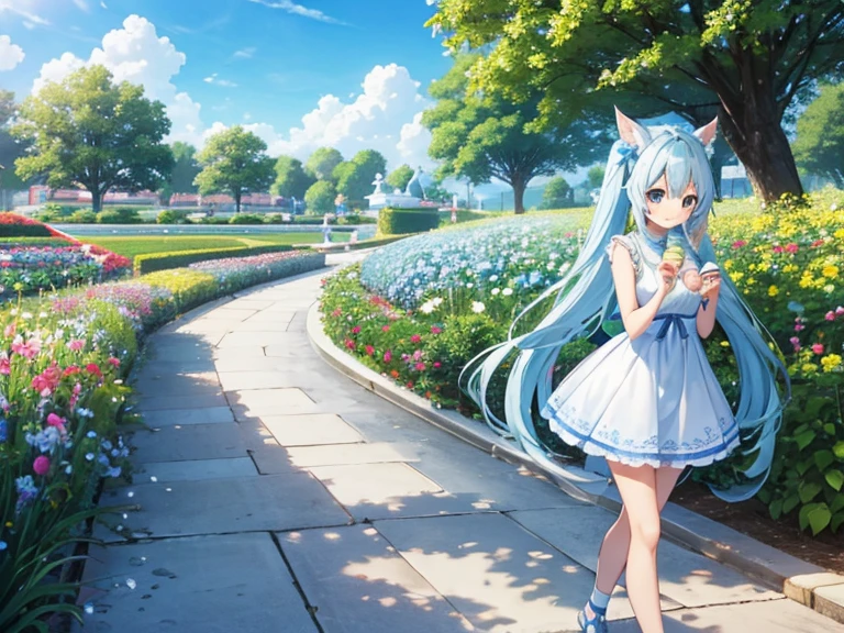 light blue long hair、Twin-tailed Chibi Character、blue sky、Enjoy ice cream while walking through a beautiful flower garden、Smile、cute costumes、