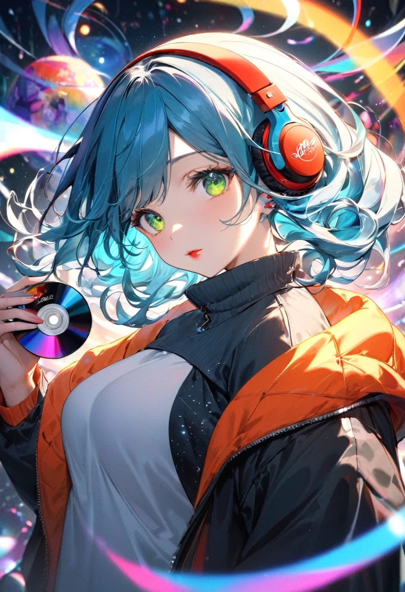 A young and very sexy and beautiful adult woman with large green eyes, long Blue hair. Impeccably make up with red lipstick, dark eyeshadow accentuating her bright eyes. She's dressed in an open jacket that's slightly oversized, wearing a top covering her ample ?????. Sporting large, colorful headphones, she giving a side look tô the camera. She is floating in another chaotic dimension, with red and Black shapes and lights. She is touching a music CD that is floating in space, with swirling lights and colors around her hand, and a calm and tranquil, almost maternal expression on her face.