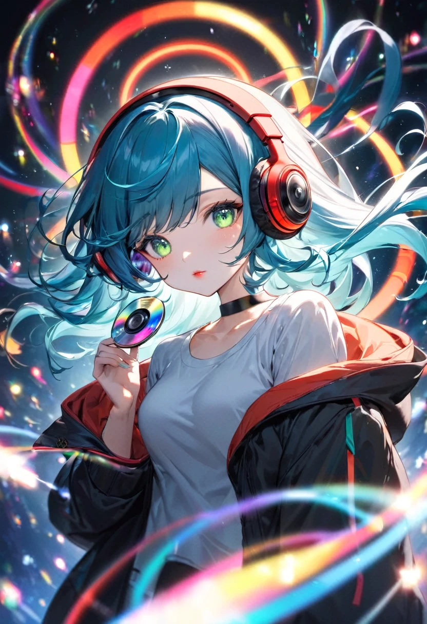 A young and very sexy and beautiful adult woman with large green eyes, long Blue hair. Impeccably make up with red lipstick, dark eyeshadow accentuating her bright eyes. She's dressed in an open jacket that's slightly oversized, wearing a top covering her ample bosom. Sporting large, colorful headphones, she giving a side look tô the camera. She is floating in another chaotic dimension, with red and Black shapes and lights. She is touching a music CD that is floating in space, with swirling lights and colors around her hand, and a calm and tranquil, almost maternal expression on her face.