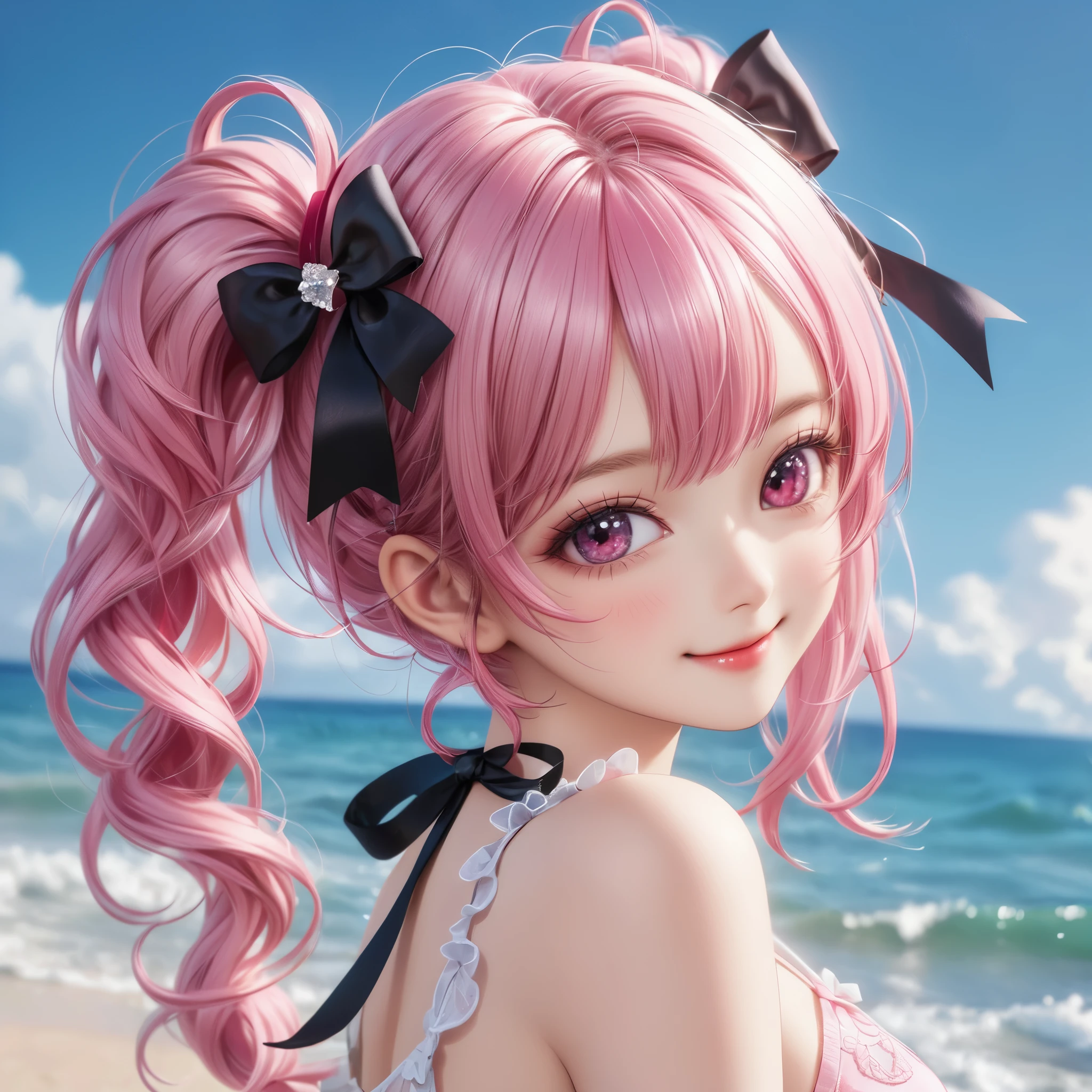 (1 Girl:1.3), (Solo:1.5), sixteen years old, (shiny white skin), (pink hair, twin tail hair, Bangs:1.3), (Beautiful adolable pink eyes, drooing eyes:1.3), (Breathtaking Beautiful bikini with Luxurious Details, super precision embroidery See-through lace, black cute bow ribbon, super precision embroidery a lot of see-through frill, super precision embroidery silver thread, Diamond), (big bust:1.2), (beautifully Luxurious Diamonds Tiara), (happy smile, Beautiful smile, Gentle smile, cute smile, innocent smile like an angel:1.2), breathtaking scenery, Attractive, amazing, Beautiful, Elegant, Luxurious, magnifica, Eye-catching, the ultimate beauty, Supreme Beauty, Superlative beauty, Elegant, Beauty, Graceful, Everyone loves it, Beauty that fascinates everyone, Healed, The highest level of complete beauty, cute like an idol, Stylish like a fashion model, Goddess-like grace, Be loved, cute little, adolable, Look at the camera, cute little pose, Happy, (Breathtakingly beautiful Luxurious blue sea, blue sky:1.5),