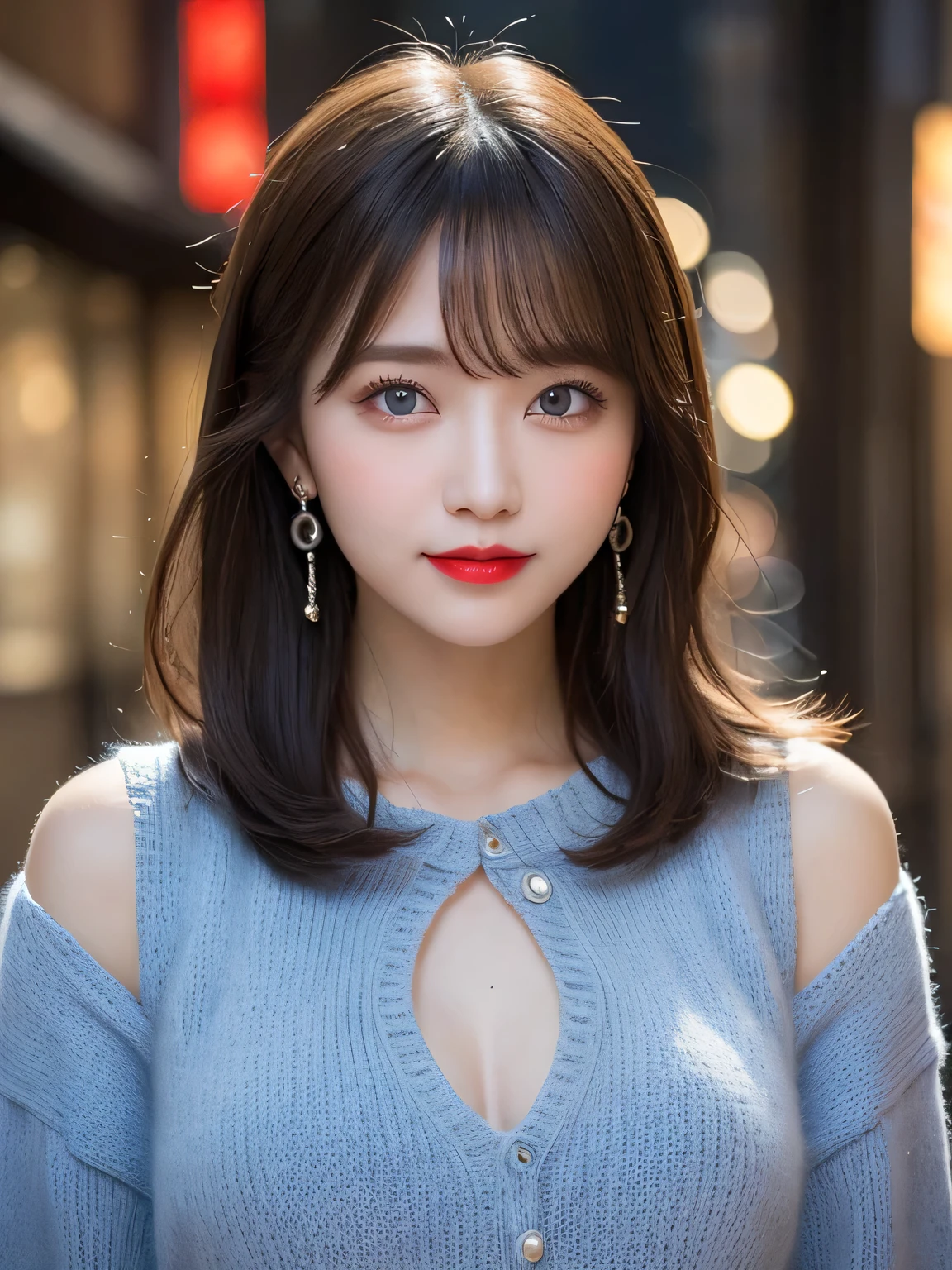 Urban beautiful girl college student, masterpiece, light makeup, red lips, silver hair, messy long hair, street background, beautiful, elegant. super fine details, master works, authentic texture, cinematic lighting realism, perfect job, 16K, hd, exquisite features,blue eyes、japanese idol、Beautiful Face、cute smile、brown hair、beautiful hair、ponytail、glamorous、 big breasts、erect nipples、Oily muscle、shiny skin、tanned skin、Black glowing skin、Sexy knitted sweaters, bright big eyes, smooth skin, earrings, necklace, tattoo