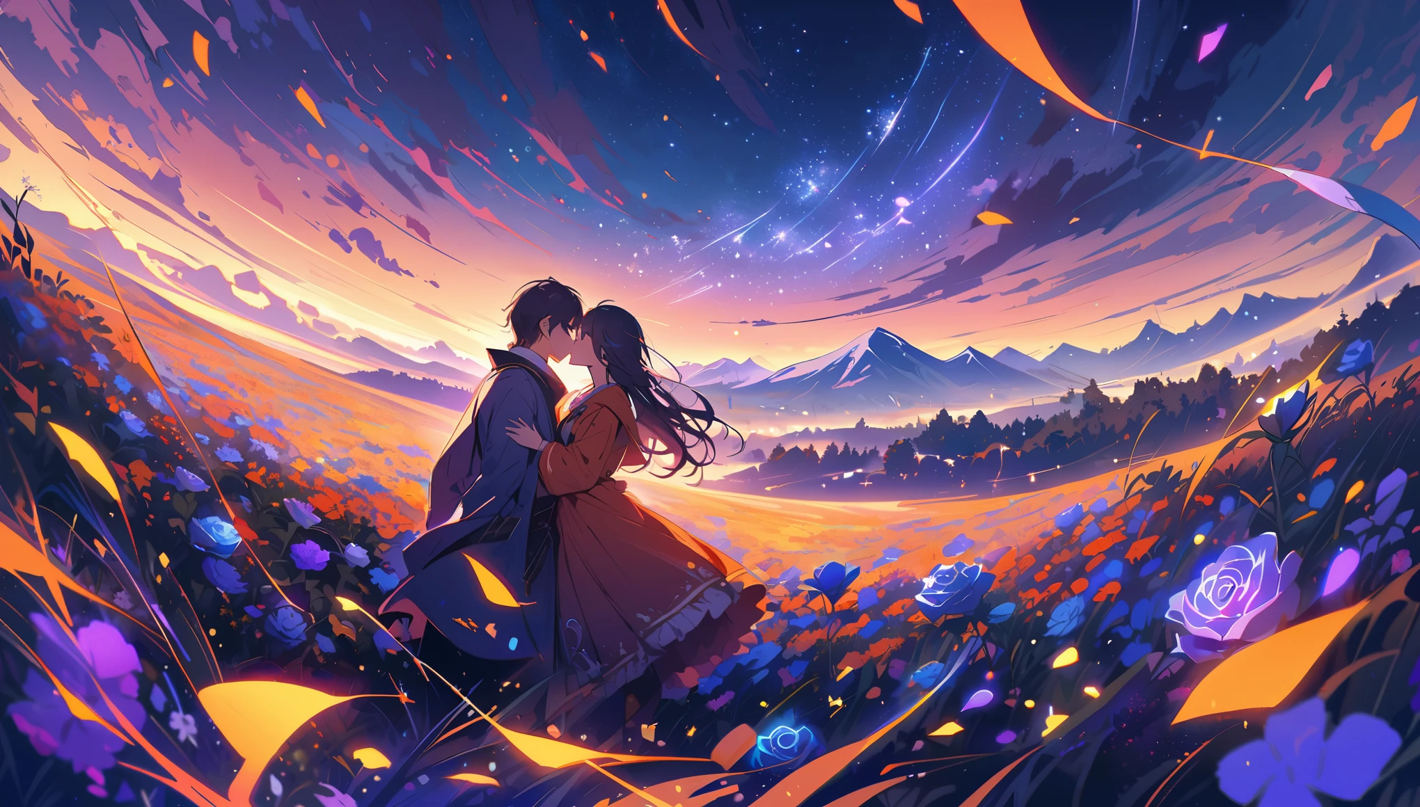 A man wearing glasses and a redhead woman are having a happy conversation, but there is a slightly melancholic atmosphere.。The ground is a flower garden Aurora、Starry Sky、full moon