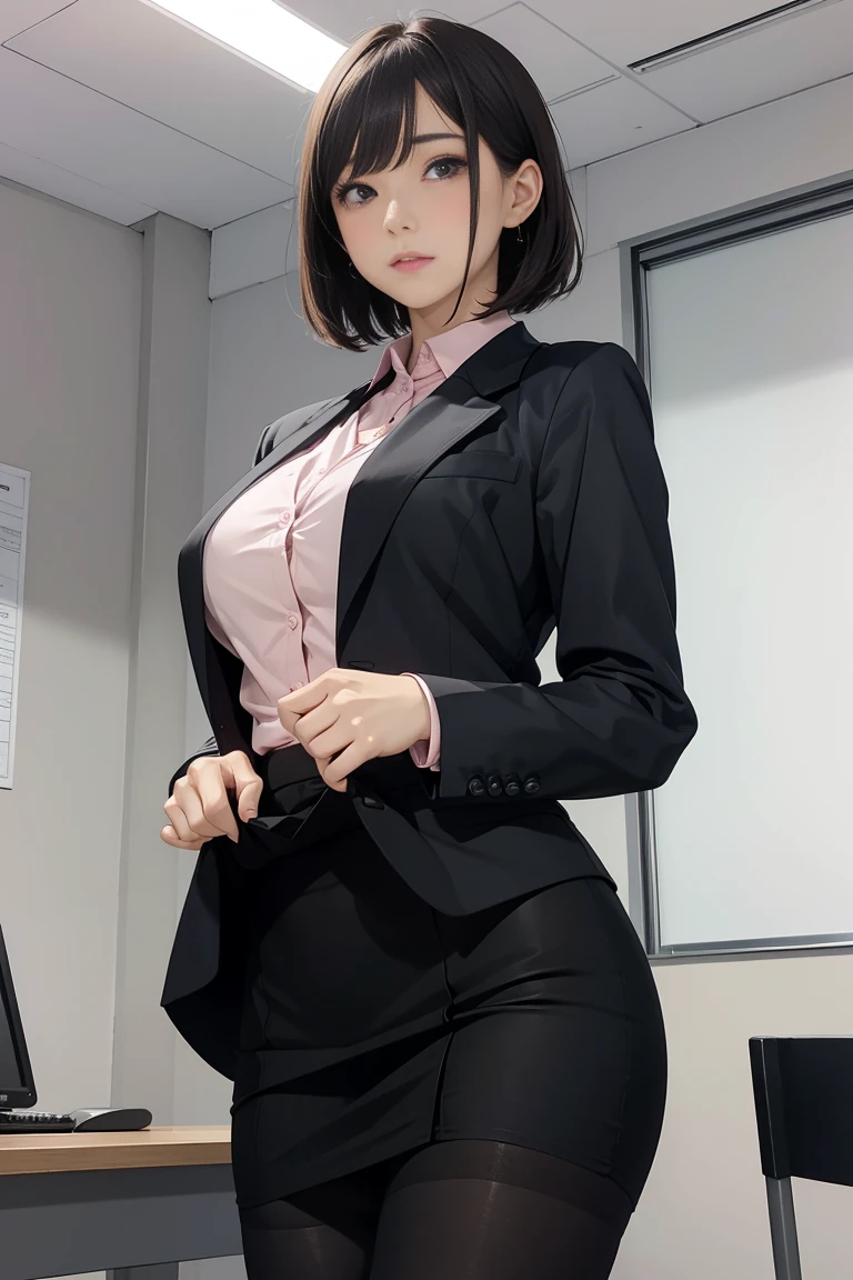 masterpiece, best quality, 1 girl, solo, large breasts, short hair, black hair, pink eyes, office staff suit, jacket, pencil skirt, panties under black pantyhose, (skirt lift:1.1), (show off panties:1.1), embarrassed, office