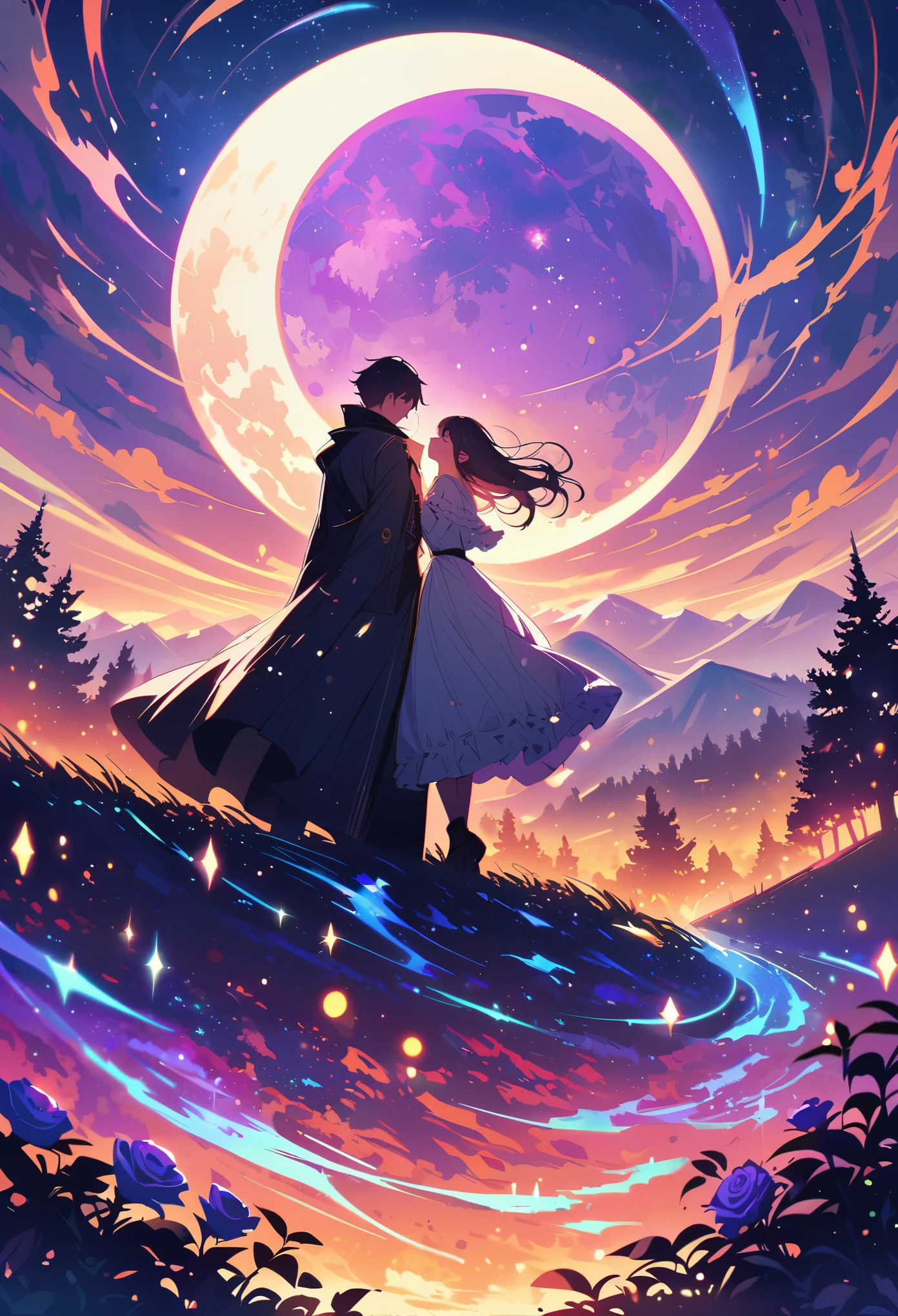 super wide angle,Sky,Open rose fields,(Man and woman kiss in the wind),(full moon:0.9),(nebula:1.1),distant mountains,Tree,(Cold light:1.2),Lots of purple and orange,Rich in details,dream,magic