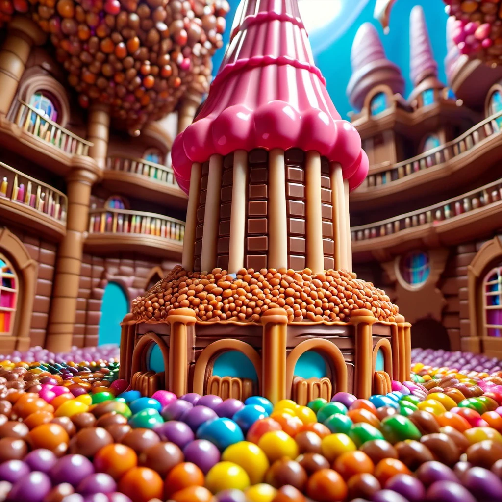 Macro photography style digital art of a hyperrealistic praline diorama placed inside Willy Wonka's chocolate castle, brimming with ultra bright colors, captured in sharp focus with intricate details, trending on ArtStation, akin to Miki Asai's macro approach, studio photo level of clarity, highly detailed artwork by Greg Rutkowski, hyperdetailed, hyperrealism, High Resolution, High Quality, Masterpiece