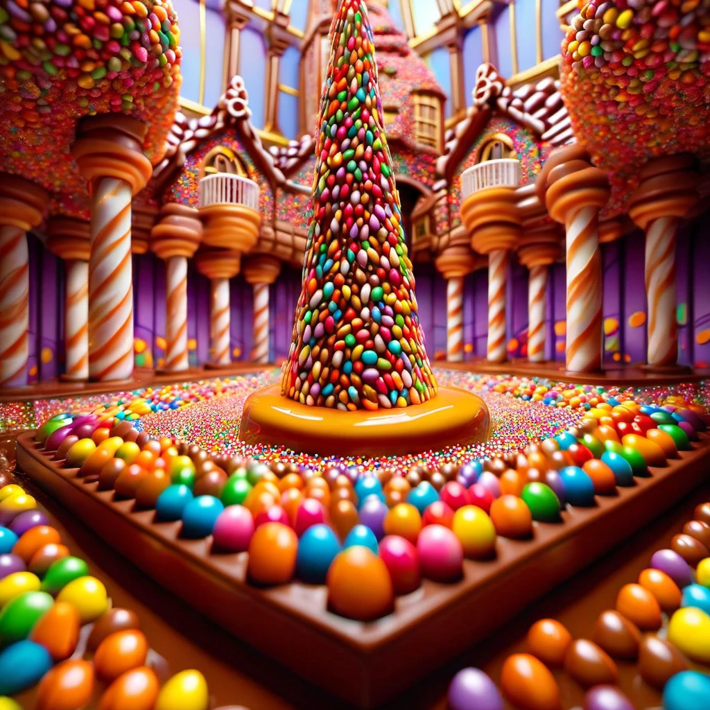 Macro photography style digital art of a hyperrealistic praline diorama placed inside Willy Wonka's chocolate castle, brimming with ultra bright colors, captured in sharp focus with intricate details, trending on ArtStation, akin to Miki Asai's macro approach, studio photo level of clarity, highly detailed artwork by Greg Rutkowski, hyperdetailed, hyperrealism, High Resolution, High Quality, Masterpiece