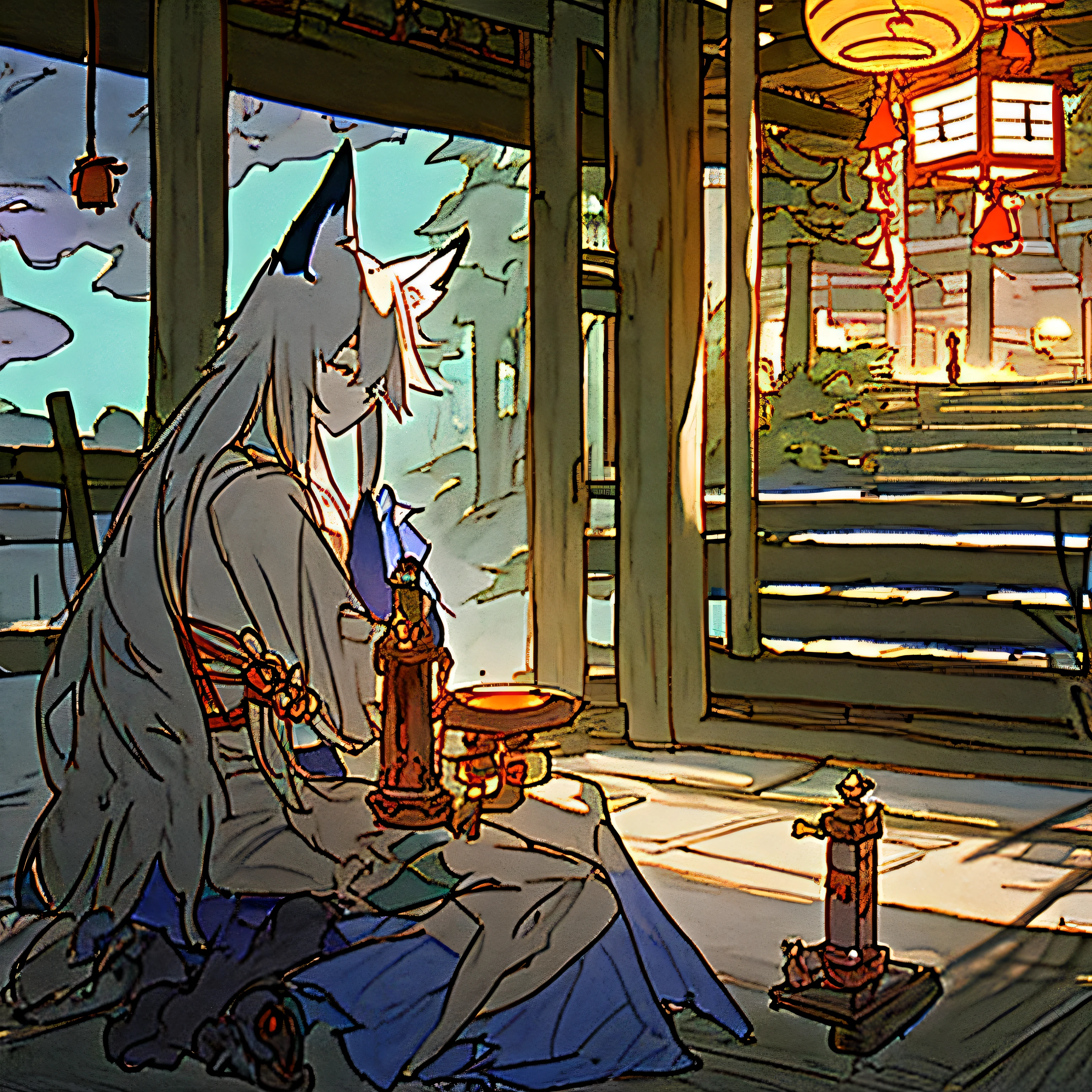 Man with fox ears and a fox tail.、Zephyr Witch、Japanese-style temple、gray hair、smile、long hair、night、I'm drinking Japan、sitting