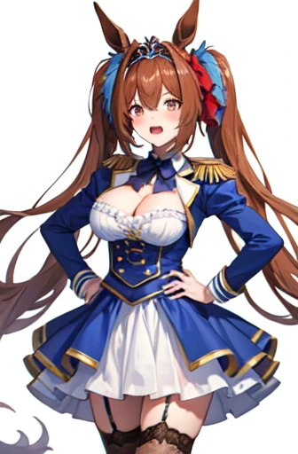 daiwa scarlet, hair between eyes, brown hair, white background, open mouth, frills, long sleeves, fang, center frills, animal ears, hair intakes, tiara, very long hair, long hair, 1girl, twintails, solo, looking at viewer, blue dress, large breasts, underbust, bow, horse girl, garter straps, epaulettes, hair bow, horse ears, blush, framed breasts, simple background, skirt, hand on hip, thighhighs