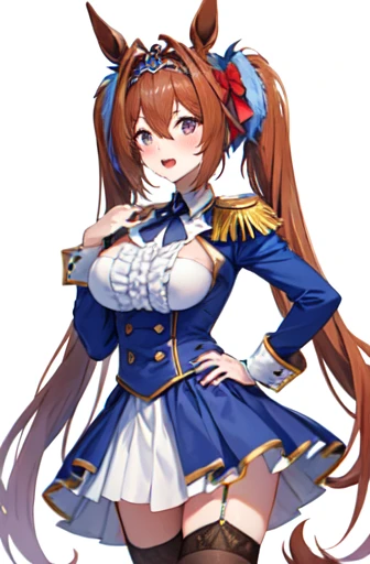 daiwa scarlet, hair between eyes, brown hair, white background, open mouth, frills, long sleeves, fang, center frills, animal ears, hair intakes, tiara, very long hair, long hair, 1girl, twintails, solo, looking at viewer, blue dress, large breasts, underbust, bow, horse girl, garter straps, epaulettes, hair bow, horse ears, blush, framed breasts, simple background, skirt, hand on hip, thighhighs