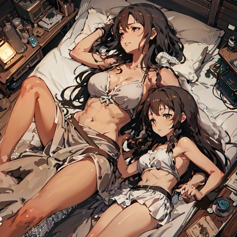 healthy dark skin anime girls laying on a bed with their backs to each other, girls resting, kantai collection style, two beautiful anime girls, anime girls, kawacy, artwork in the style of guweiz, guweiz, seductive anime girl, wlop and sakimichan, makoto shinkai and artgerm, top rated on pixiv