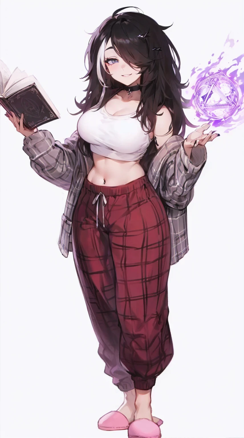 (OC ref sheet) (Masterpiece) (good eyes) (Best quality) (2k res) (High Res) (full body) (adult woman) (long legs) (half black and half white hair) (white crop top) (tall) (tall) (good anatomy) (large chest) (black and grey plaid flannel) (silver eyes) (red baggy checkered sweatpants) (pink house slippers) (ear piercing) (cheery smile) (black eyeliner) (magic purple Runes floating in hand) (magic spells) (purple Runes in background) (flower tattoos) (lip piercing) (thick hips) (belly button piercing)
