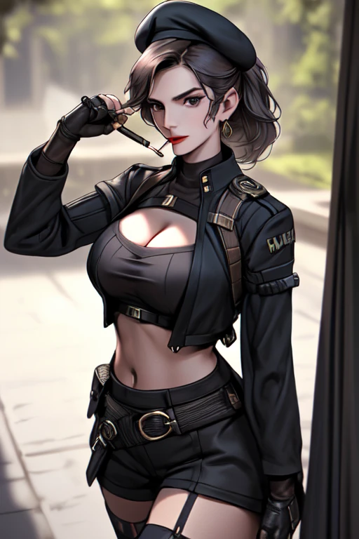 19 years old, (milf:0.8), (solo:1.5), (sfw:1.25), sexy breast, beautiful breasts, (medium tits:0.8), thin waist, big ass:1.0, Raised sexy, (black beret,black military jacket, open clothes, cleavage, midriff, black shorts, black thighhighs, thigh strap, fingerless gloves, single glove:1.2), blue eyes, light smile, big , Revimpling fabric, earrings, Hand gloves, detailed face,(hold a cigarette:1.1),long hair,side ponytail,hair between eyes,bangs,detailed and beautiful eyes,beautiful detailed lips,Rolling her eyes,manner,hair over one eye, (ultra high resolution, 8K RAW photo, photo realistics, thin outline:1.3, clear focus), best qualtiy, natural lighting, textile shading, field depth, (Bright pupils, fine detailed beautiful eyes with highlight:1.3, high detailed face), Red lip, fine realistic skins:1.1, looking down viewers:1.3, (dynamic angle:1.3, front view:1.1, breast focus:1.3, from above:1.2), (dynamic posing:1.5, sexy posing:1.2),Youghal, side lock, hair ornaments,nice,garden background,artistic rendering,Super detailed,(highest quality,4k,8K,High resolution,masterpiece:1.2),Bright colors,studio lighting ,at military base in usa