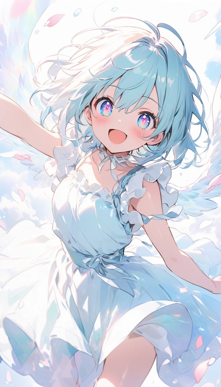 (highest quality、masterpiece、High resolution、detailed), (Shining eyes、detailed美しい顔)､beautiful anime、BREAK,In a pastel and watercolor style,
soft-colored petals are dancing in the air.
A charming Cupid with a smile is depicted, radiating happiness.