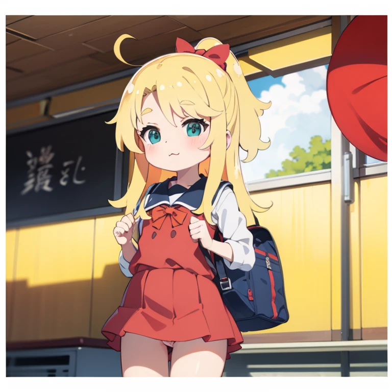 blonde、primary school student、red school bag、Year、Ahoge、cute、and soul、swimsuit、((upon))