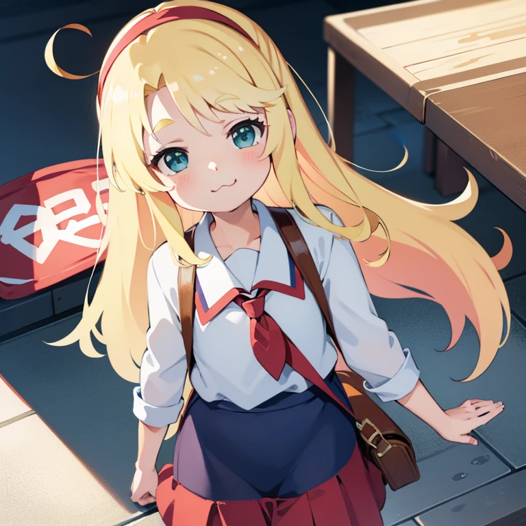 blonde、primary school student、red school bag、Year、Ahoge、cute、and soul、swimsuit、((upon))