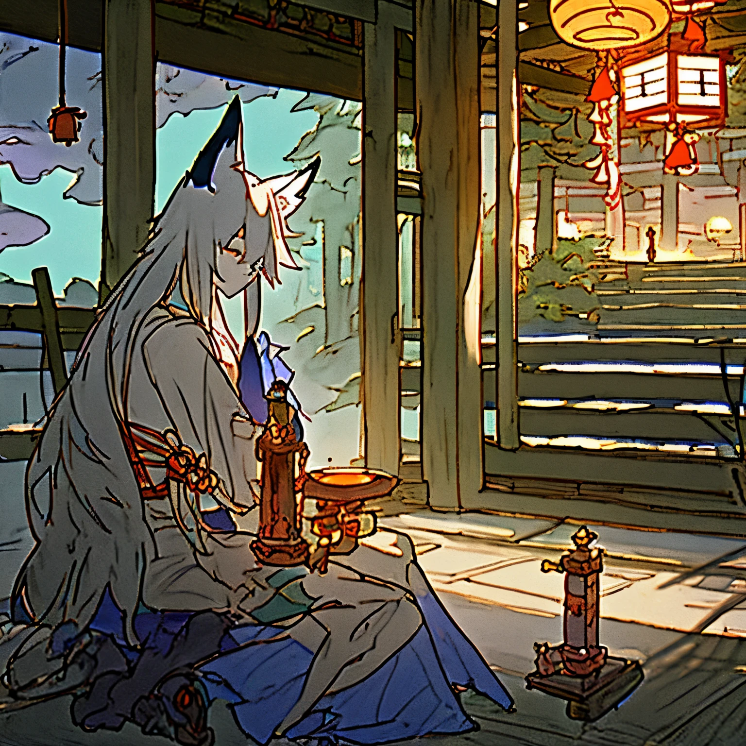 Man with fox ears and a fox tail.、Zephyr Witch、Japanese-style temple、gray hair、smile、long hair、night、I'm drinking Japan、sitting