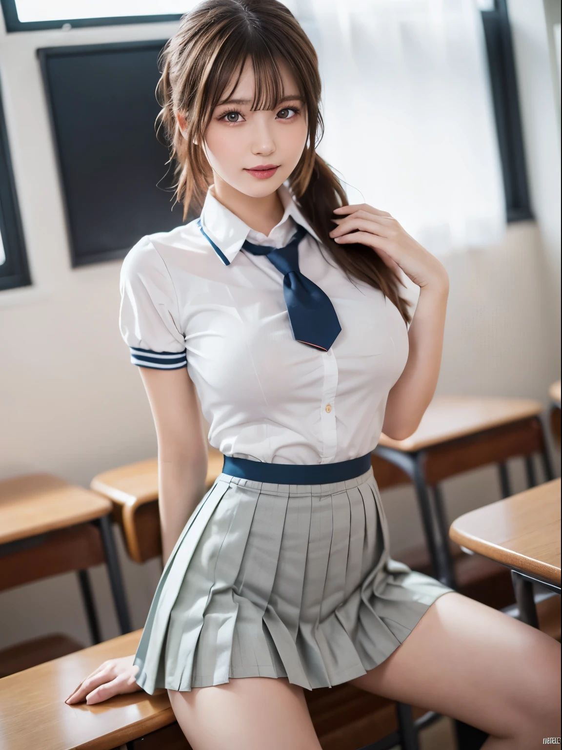 young girl, Best quality, masterpiece, ultra high res, (Authentic skin texture:1.3), (Highly detailed beautiful faces), Amazing faces and the most eye-catching qualities:1.4), full body, amazing face and eyes, a pink eyes, (tight high school school uniforms, short Pleated mini skirt:1.3), ponytail hair, Brown hair, schools, classroom, large full breasts,Big breasts and a thin waist, ((Erotic,Sexy and sexually explicit)), spread legs