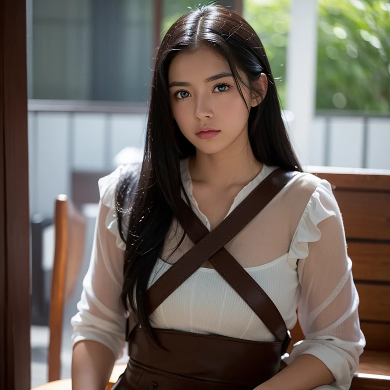 beautiful young woman, solo, male focus, american-colombian, teenager, black hair, blue eyes, tan skin(tan 1.3), dressed like a character from the movie "fury".