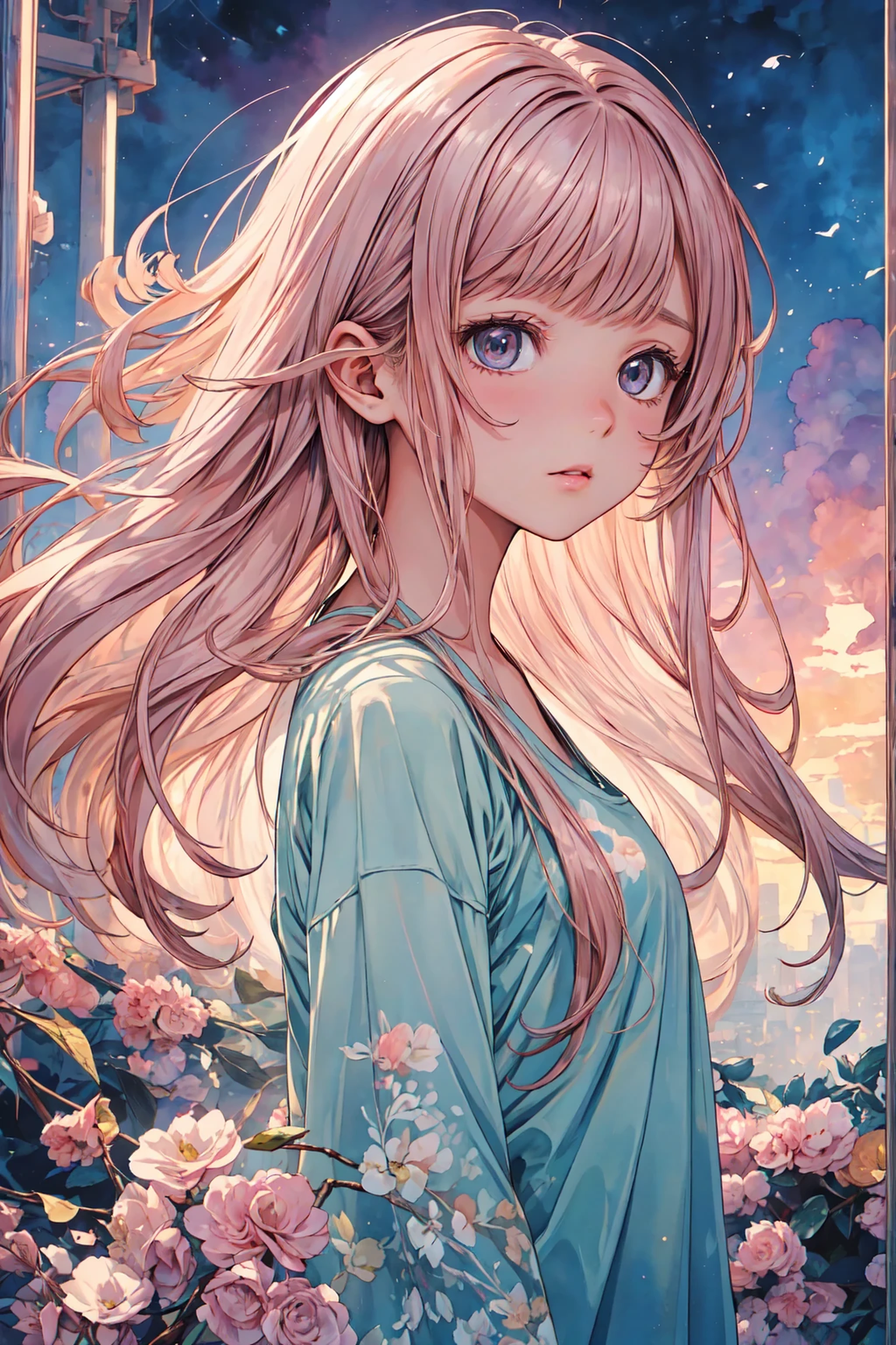 (best quality,4k,ultra-detailed,high-res,masterpiece:1.1),extremely detailed portrait of a young girl,(intense close-up),(floating watercolor illustration) of a slim ****************, with a very delicate and beautiful face, (detailed beautiful eyes) and thick pink lips, (messy hair). She is wearing an oversized pink T-shirt, and has a soft and lazy expression. The background is simple yet captivating with clear colors.