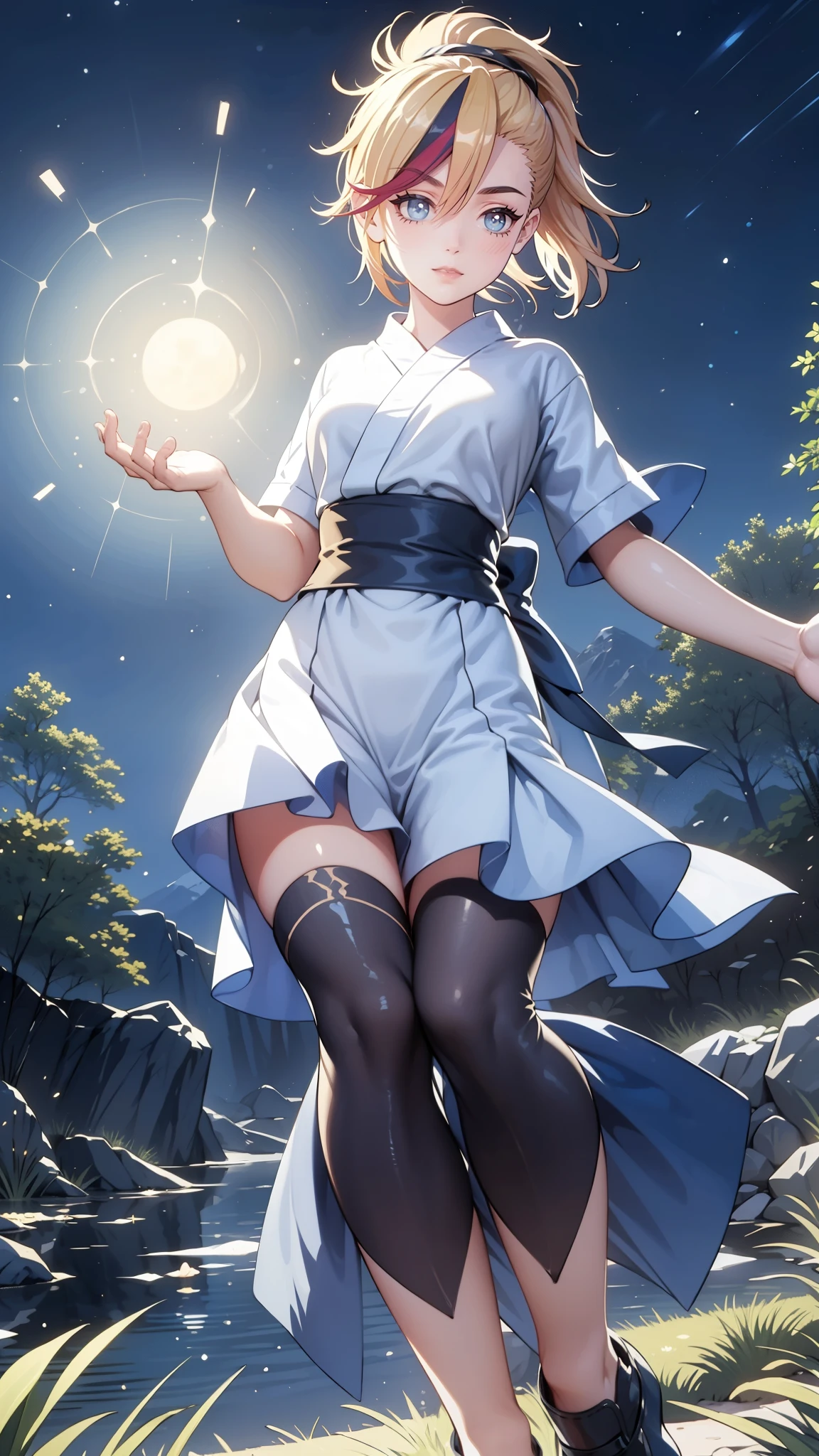 (best quality,ultra-detailed:1.2),ultra detailed face,ultra detailed hair,long eyelashes,glowing blue eyes,glowing lips,black and white and blue kimono,katana,cute pose,camping at night,standing pose,powerful instance,looking to the Sky,dark black hair,slender body,pale skin,peaceful expression,soft wind blowing,starlit night sky,subtle moonlight,tall grass,fireflies dancing in the air,tranquil atmosphere,serene ambiance,mysterious aura,deep feeling of tranquility,silhouette against the night sky,reflections on the water,ethereal charm,majestic presence,calming presence,mesmerizing beauty,graceful movements,dreamlike setting,whispers of nature,faint rustling of leaves,magical surroundings,unforgettable memories,radiating inner peace,vibrant colors,harmonious composition,intricate details,emotional depth,meticulous brushwork,sublime artistry,captivating realism,visual storytelling,immersive experience,unparalleled craftsmanship,lucid dreamscape