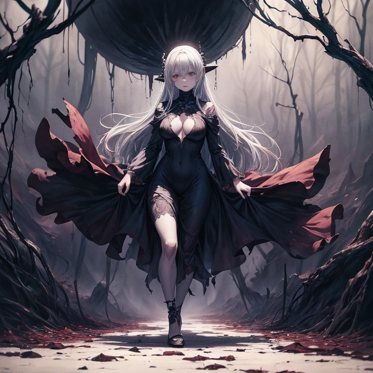 (oak:1.5),(devil theme:1.5),(dark horror theme:1.5),(thriller:1.5),(Inspiration from Stephen King:1.5),(dark fantasy:1.5), (Ink painting and watercolor painting:1.5), (black and white color:1.5), (Spooky Landscapes:1.5),(A multitude of stars fly towards the viewer:1.5),(ruined:1.5),(ruined village:1.5),(1800s:1.5), (ruined theme:1.5),(A lot of dust flies:1.5),(puddle:1.5),(Dirt roads:1.5),(absurd:1.5),(wonderful:1.5),(highest quality:1.5),(masterpiece:1.5),whole body length,Quartz Lepidolite Baby Girl in a Red Dress,cute face,raise an eyebrow,full body shot,Spooky Landscape,Fluorite Chrysocolla Atmosphere,art:Simon Stahlenhag,Nicola Samori,(((Wangechi Mutu))),prime color,urban,very detailed,masterpiece,intricate details,faded,eyes very detailed, high definition eyes,4K resolution,born, Nikon Z9,Scary Town,whole body length,evil ghost, Winnie the Pooh Rainbow,intricate details,Stone Forest, Yunnan, China,Super detailed, realistic,, dark and eerie atmosphere, A fantastic presence, unforgettably beautiful, ghost-like figure, swirling fog, Supernatural existence, The devil's essence, Shadow-like shape, Spooky whispers, Ominous Aura, Unforgettably white skin, Dark and twisted branches, Flickering candle light, Spooky elements, Mysterious and enigmatic, spectrum appearance, ゴシックartスタイル, fascinating, Spectral range, Hauntingly depressing, Otherworldly beauty, fantastic shine, So unforgettable that I can't forget it, A chilling atmosphere, Spooky and ominous lighting.、camel toe、huge tit、Nipple Puffs、cleavage、Plump、Super big breasts、super big butt